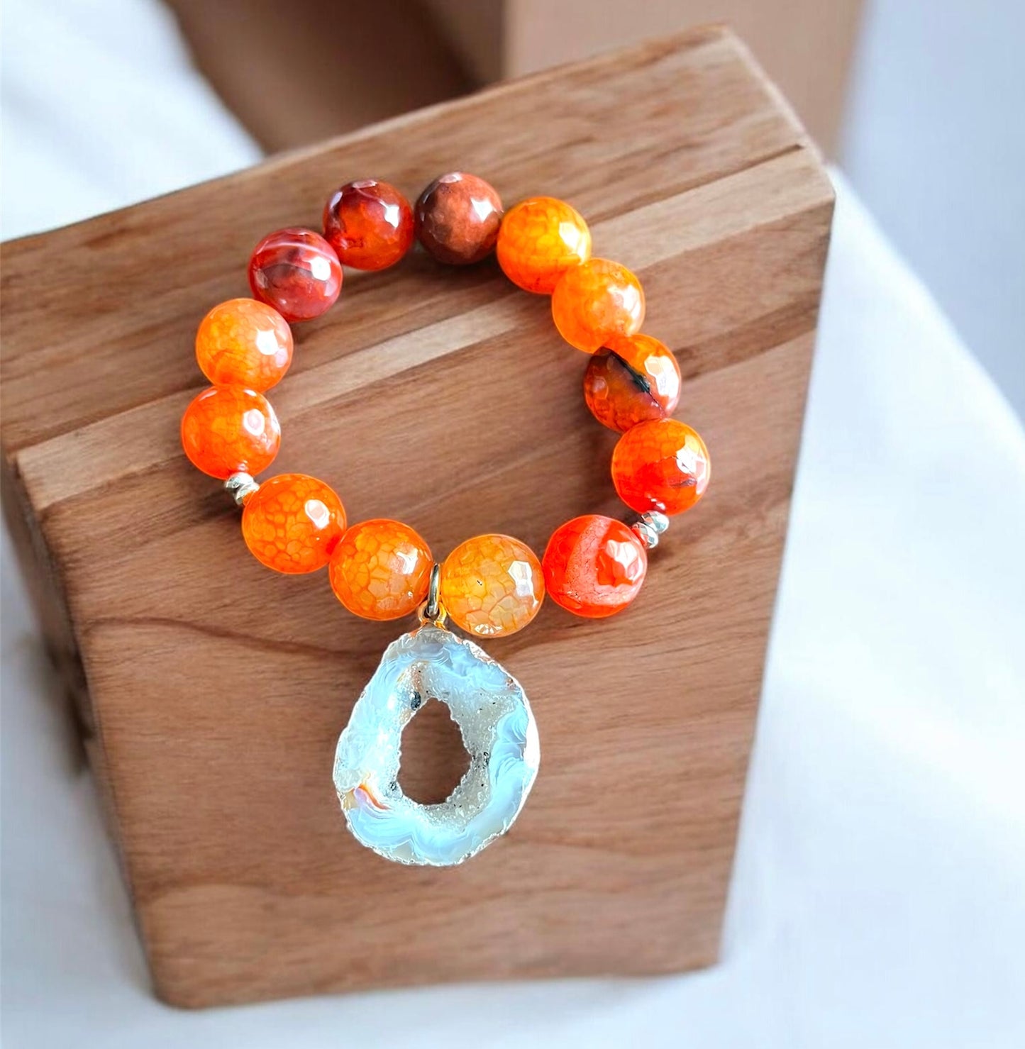 Reddish Orange Agate Drusy Charm Bracelet