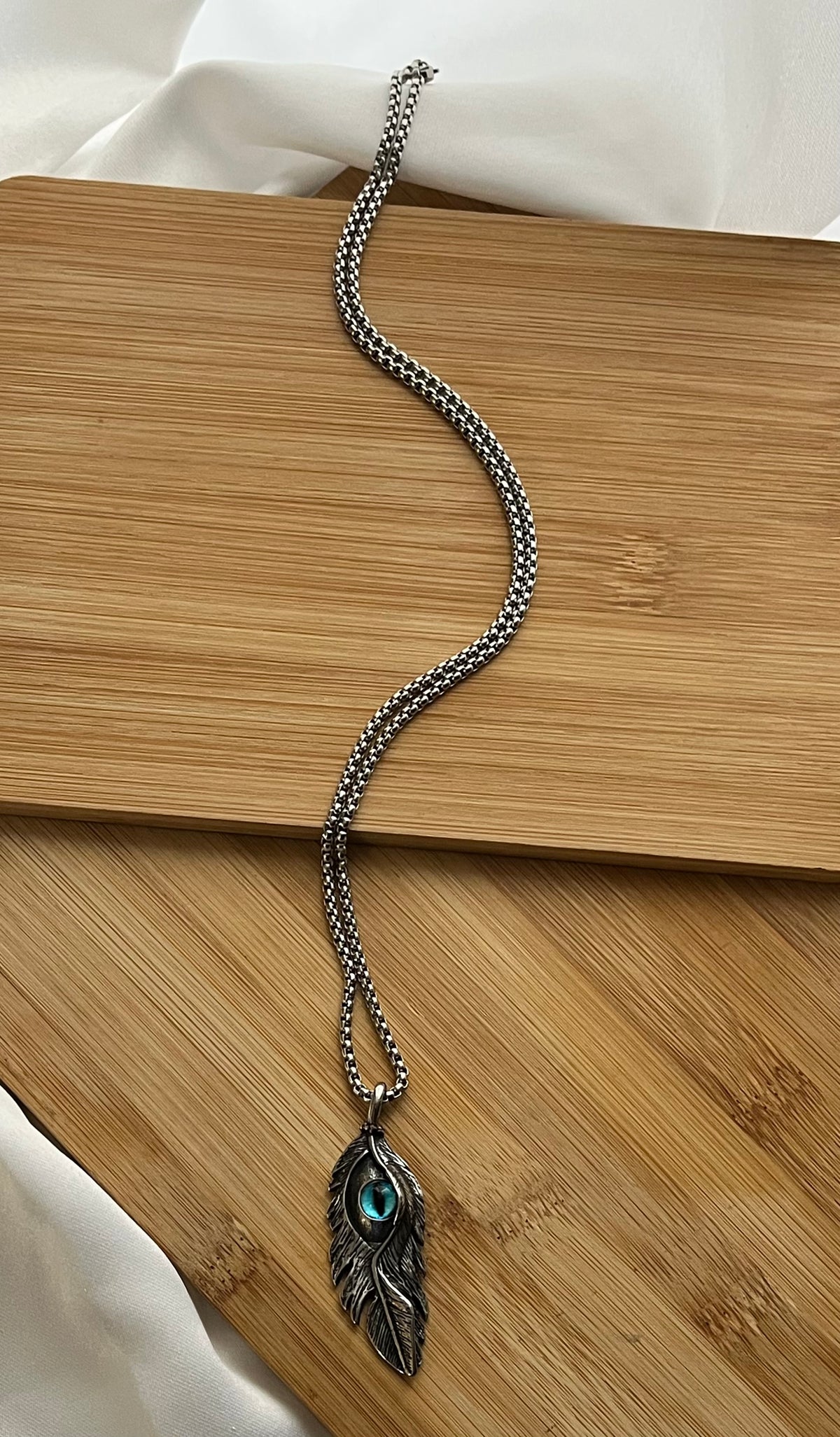 Stainless Steel Blue Accent Feather Necklace