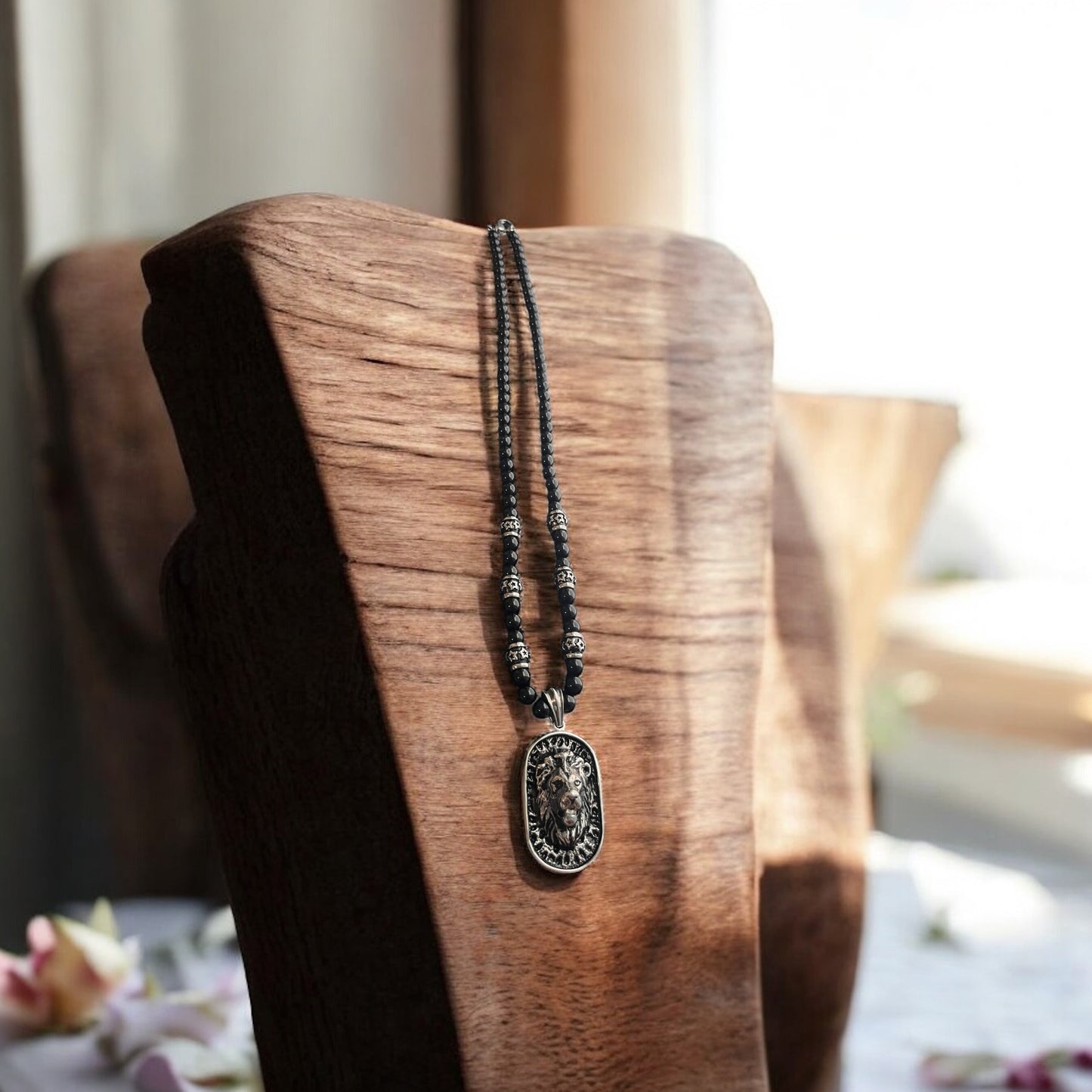 Black Beaded Lion Pendant Necklace