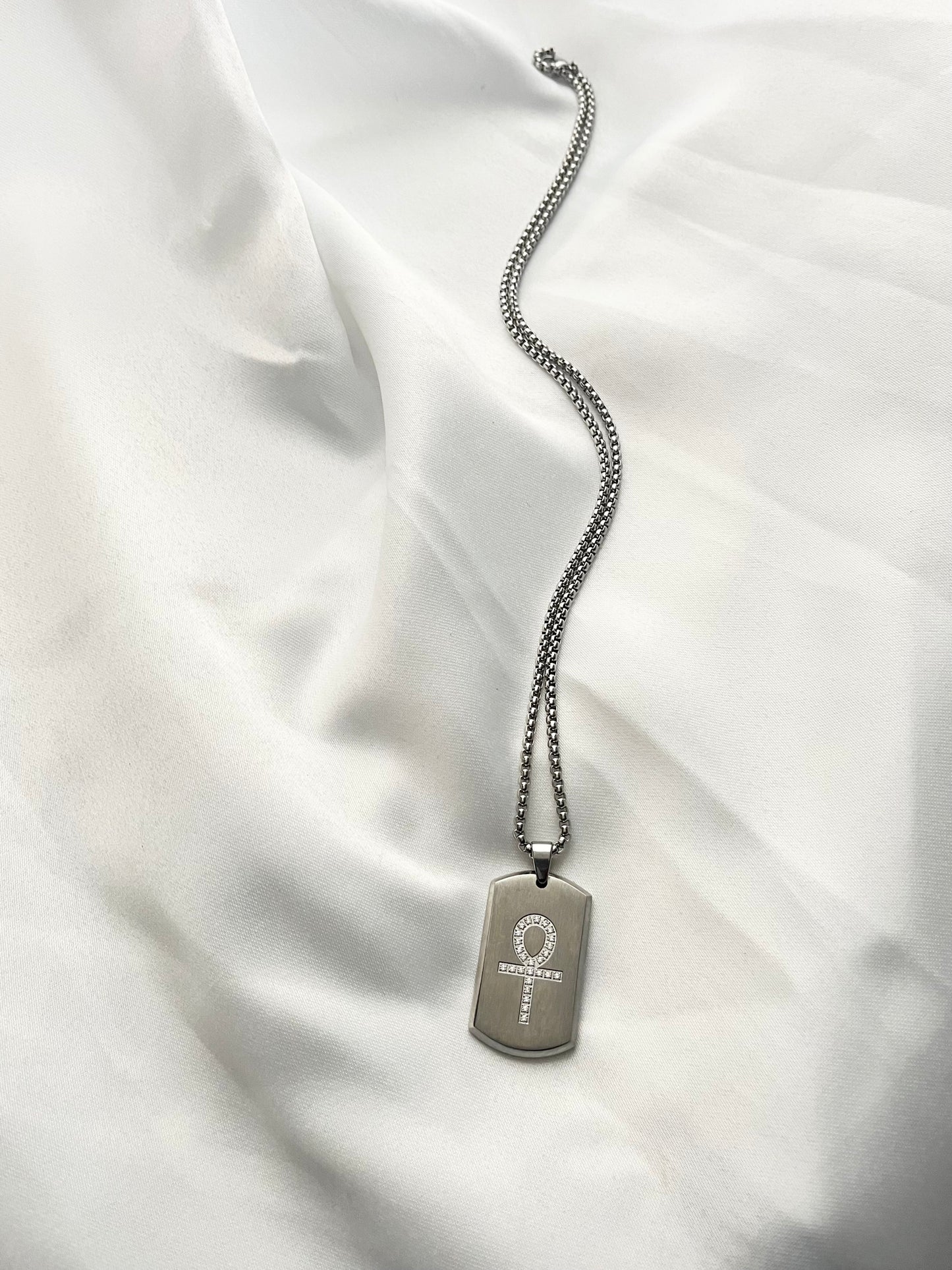 Stainless Steel CZ Ankh Dog Tag Necklace