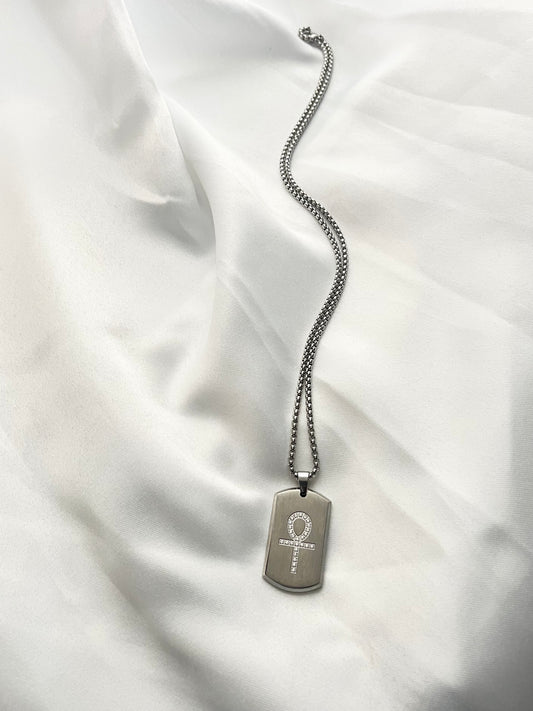 Stainless Steel CZ Ankh Dog Tag Necklace